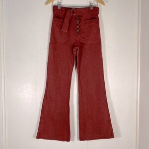 Free‎ People Women’s Wine Red Belted Pants Corin Size 4 Button Fly Flare Leg